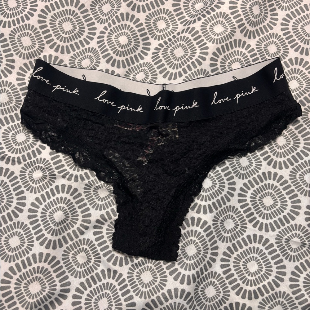 NWT PINK Victoria's Secret LOGO Black Lace Trim Panties